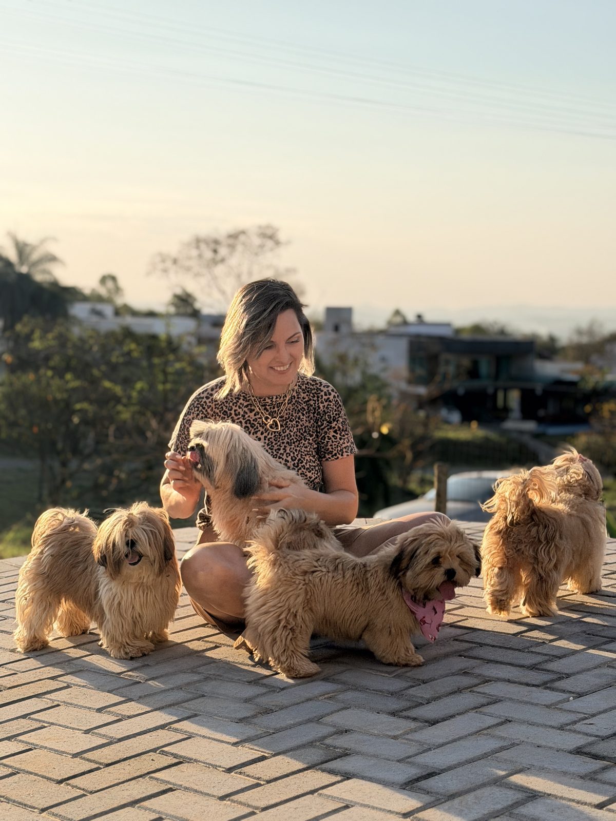 Cliente ao ar livre cercada por quatro cães